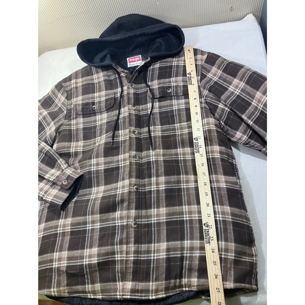 Wrangler Men's Plaid Flannel‎ Lined Hooded Shirt Jacket Brown Tan Size M